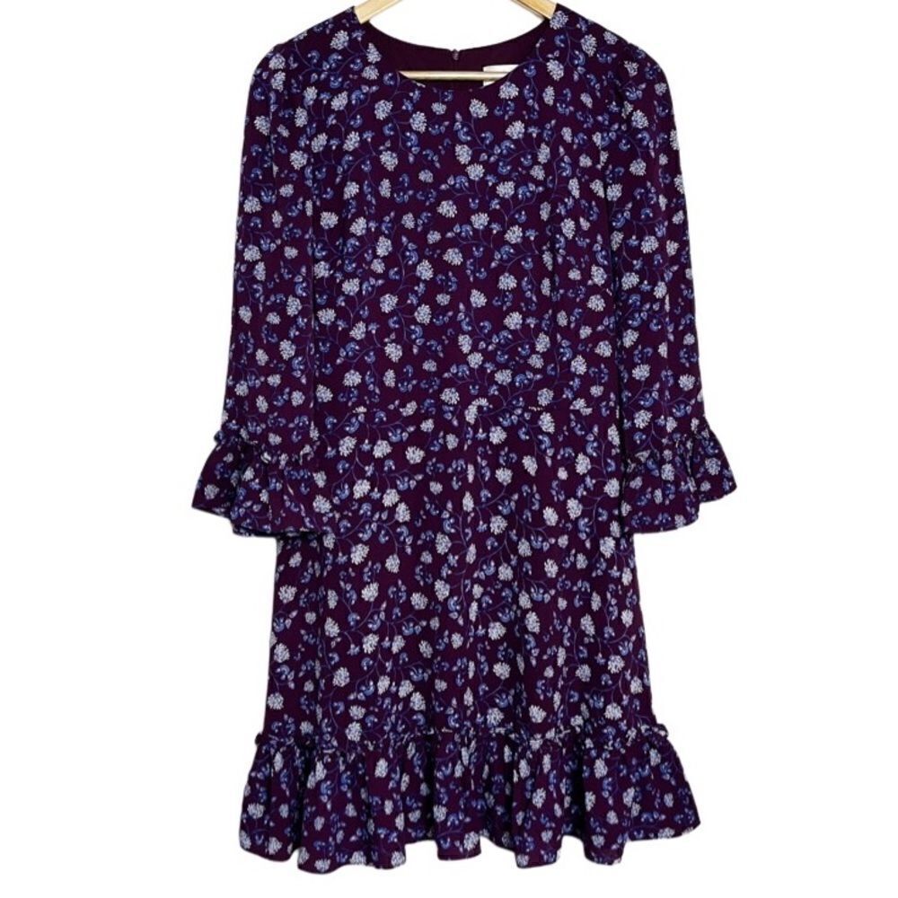 Eliza J Long Sleeve Floral & Ruffle Midi Dress Purple and Blue Size 12